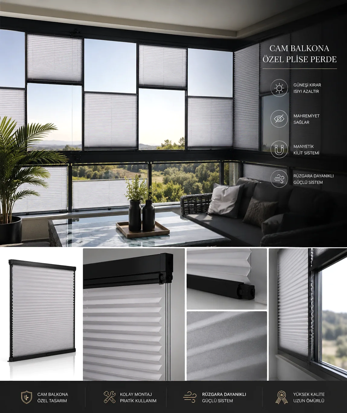 Pimapen ve Cam Balkon İçin Güneş Kırıcı Plise Perde