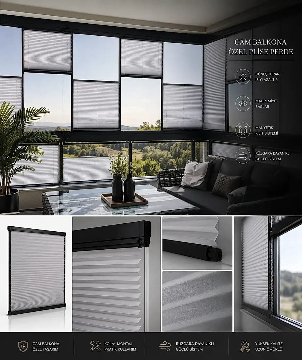 Pimapen ve Cam Balkon İçin Güneş Kırıcı Plise Perde